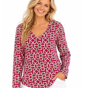 Icikuls Performance Top Womens XL Pink Geometric UPF 50+ V-Neck Golf Tennis